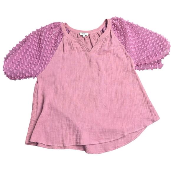 Umgee Women’s M Pink Cotton Top Puff Dot Mesh Sleeves Boho Blouse - Picture 1 of 7